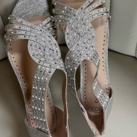 Charter Club Ginifur Wedge Sandal Womens SZ 8 Wide Silver Glitter Pearl NWB - Picture 5 of 6